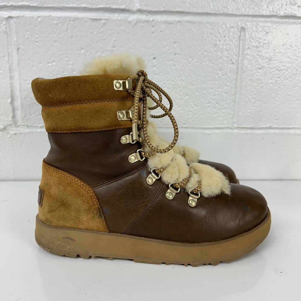 UGG Viki Waterproof Boot Brown Leather Sheepskin / Womens Size 9 - Picture 2 of 8